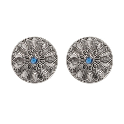 Traditional Indian Matte Silver Oxitised CZ Crystal Studded Motif Stud Earring For Women - Silver Blue (SJE_139_S_BL)