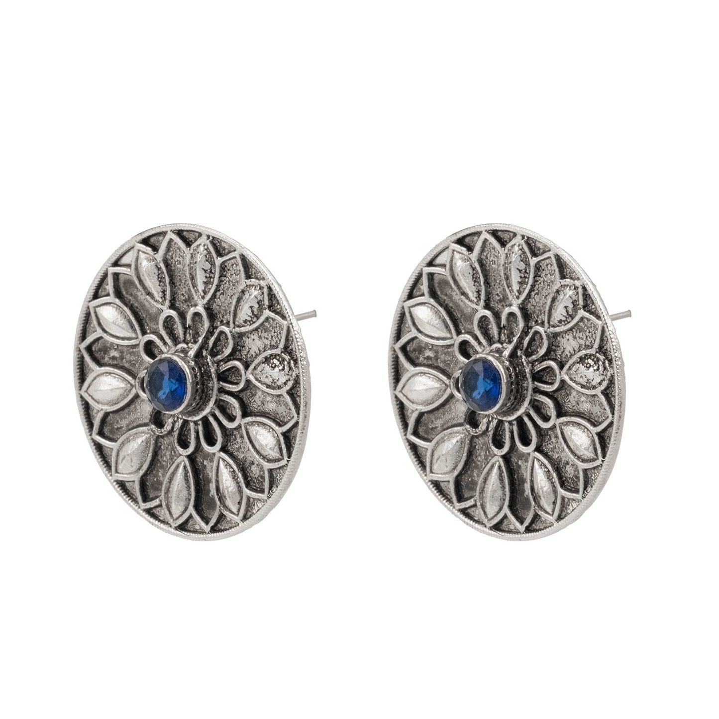 Traditional Indian Matte Silver Oxitised CZ Crystal Studded Motif Stud Earring For Women - Silver Blue (SJE_139_S_BL)