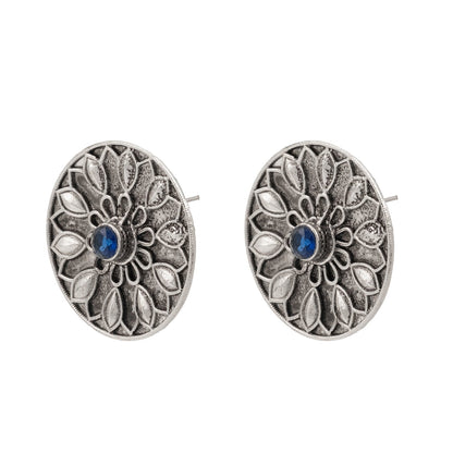 Traditional Indian Matte Silver Oxitised CZ Crystal Studded Motif Stud Earring For Women - Silver Blue (SJE_139_S_BL)