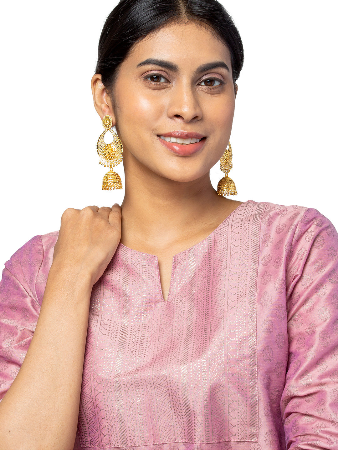 Shining Jewel Traditional Indian Gold Plated Double layer Chandelier Jhunka Earrings for Women (SJE_13)