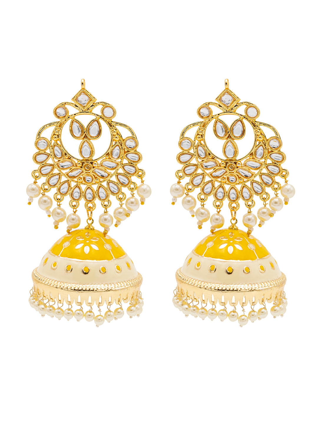 Traditional Indian Gold Plated Kundan CZ Crystal MeenakariEnamel Studded Jhumka Chand Bali Earring For Women-Gold Yellow (SJE_142_G_Y)