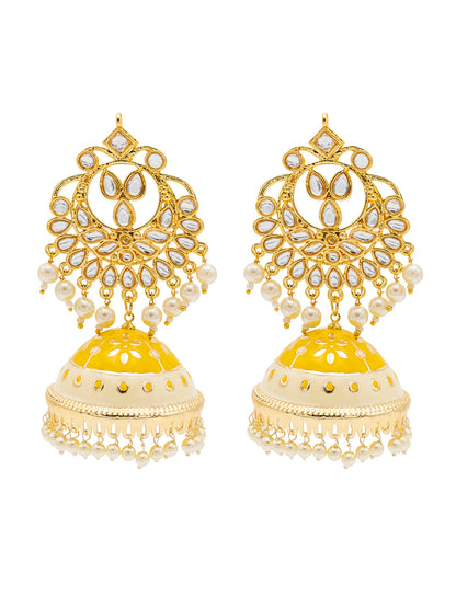 Traditional Indian Gold Plated Kundan CZ Crystal MeenakariEnamel Studded Jhumka Chand Bali Earring For Women-Gold Yellow (SJE_142_G_Y)