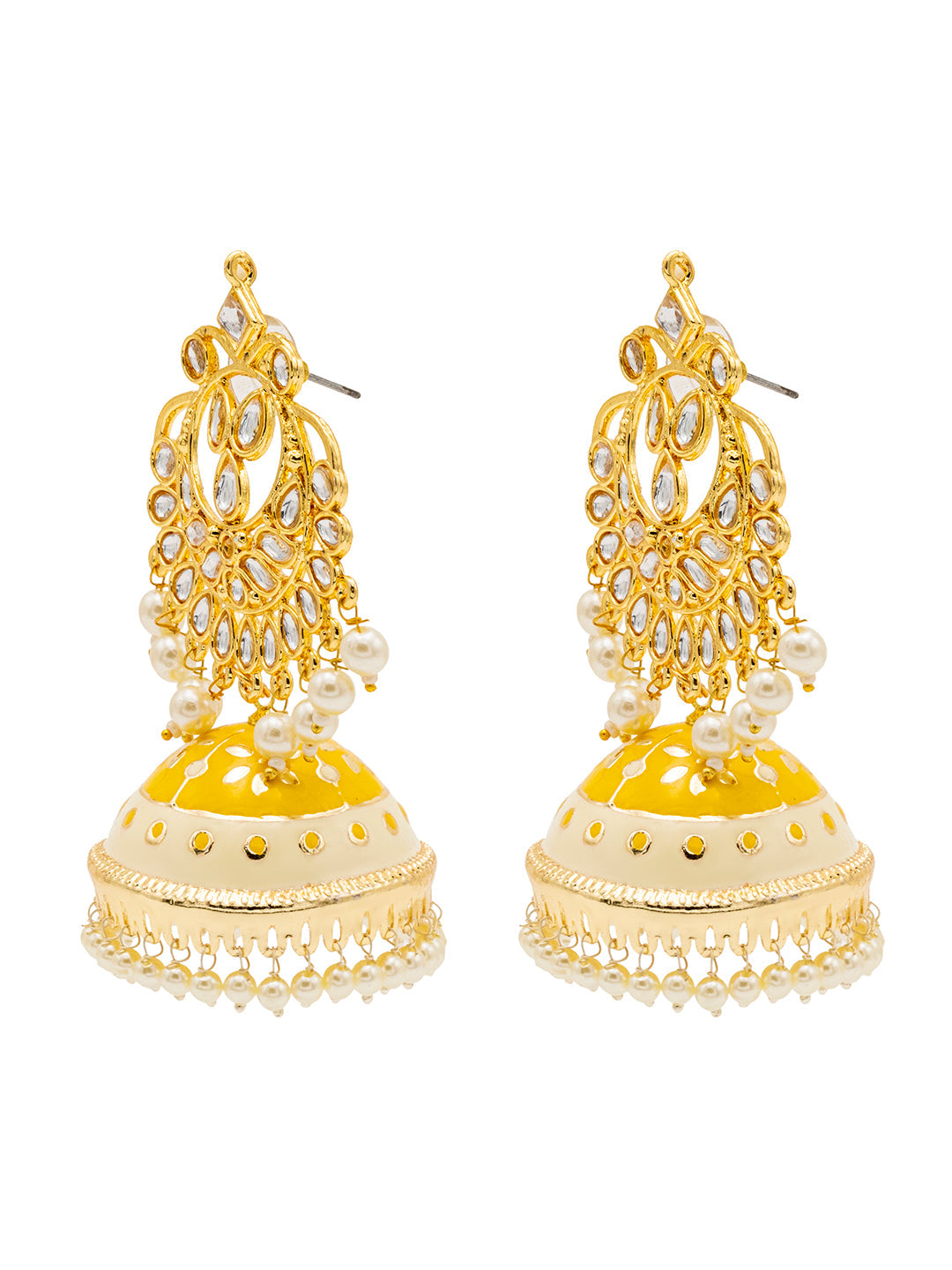 Traditional Indian Gold Plated Kundan CZ Crystal MeenakariEnamel Studded Jhumka Chand Bali Earring For Women-Gold Yellow (SJE_142_G_Y)