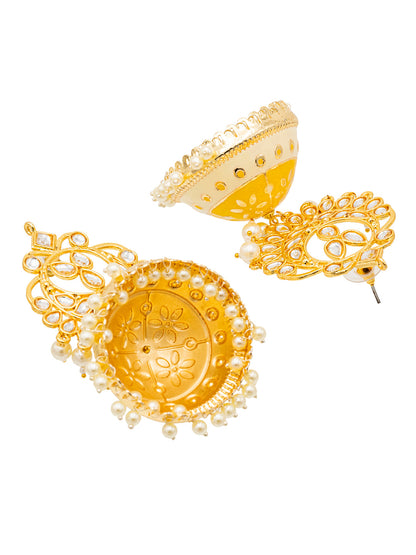 Traditional Indian Gold Plated Kundan CZ Crystal MeenakariEnamel Studded Jhumka Chand Bali Earring For Women-Gold Yellow (SJE_142_G_Y)
