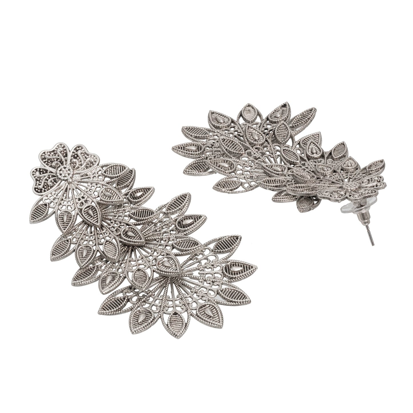 Traditional Indian Matte Silver Oxidised Studded Drop Leaf Earring For Women-Silver (SJE_155_S)