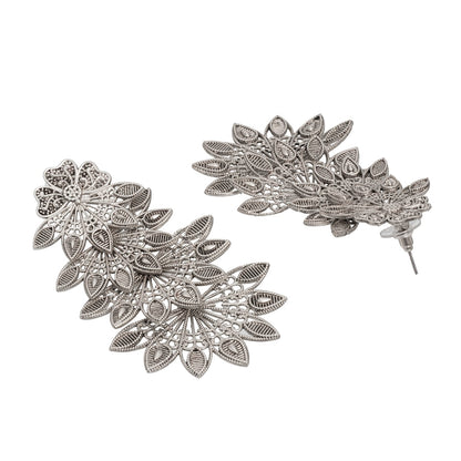 Traditional Indian Matte Silver Oxidised Studded Drop Leaf Earring For Women-Silver (SJE_155_S)