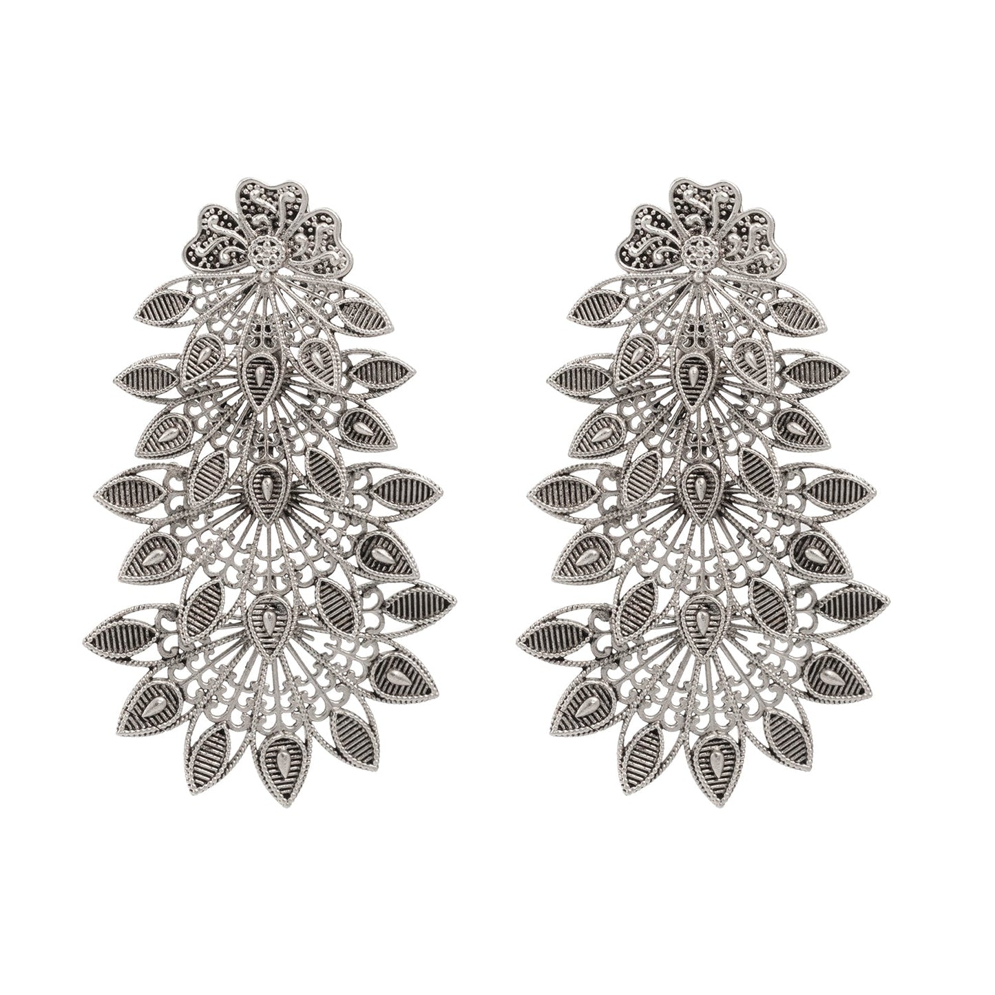Traditional Indian Matte Silver Oxidised Studded Drop Leaf Earring For Women-Silver (SJE_155_S)