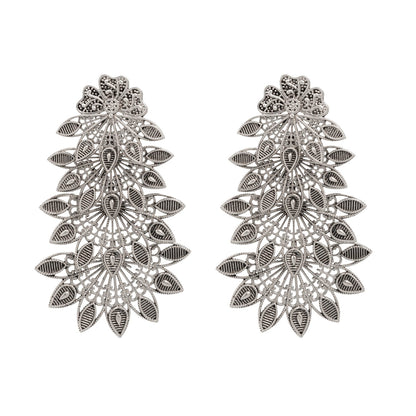 Traditional Indian Matte Silver Oxidised Studded Drop Leaf Earring For Women-Silver (SJE_155_S)