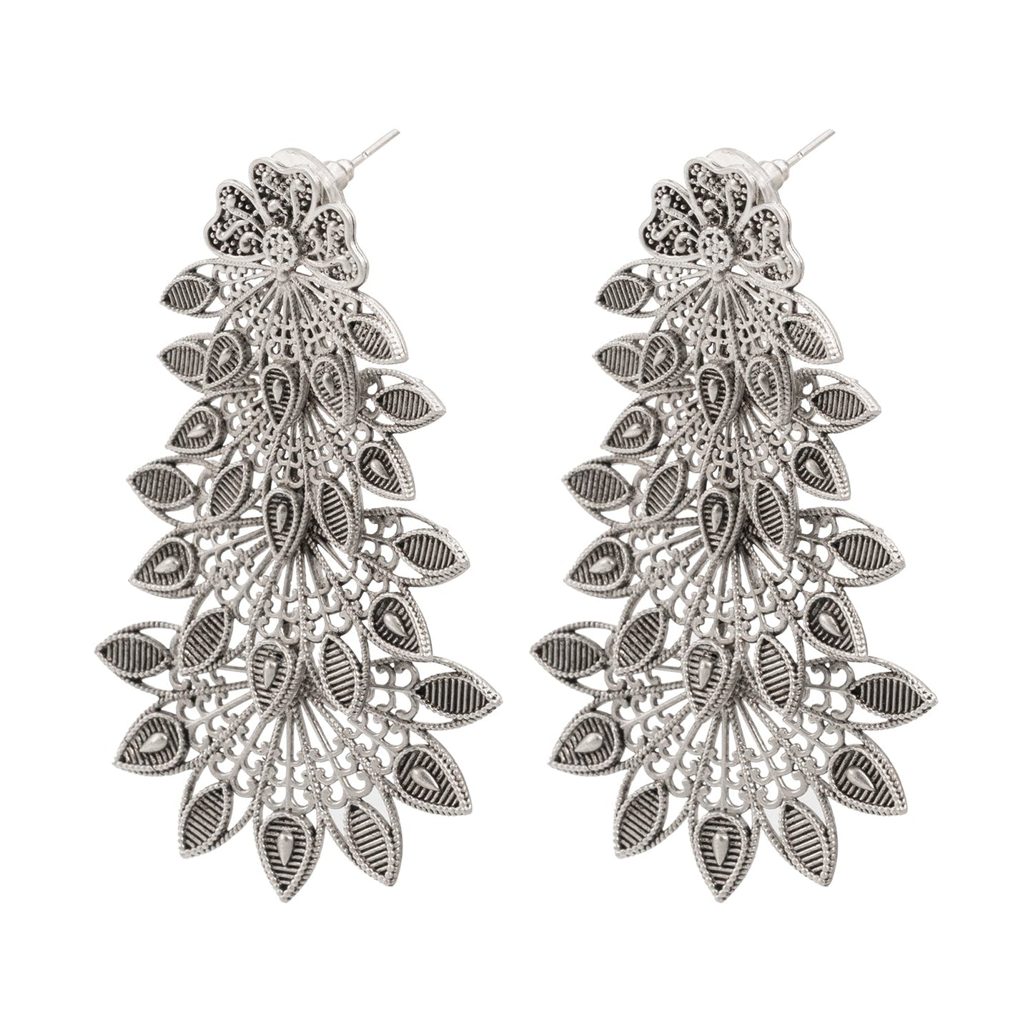 Traditional Indian Matte Silver Oxidised Studded Drop Leaf Earring For Women-Silver (SJE_155_S)