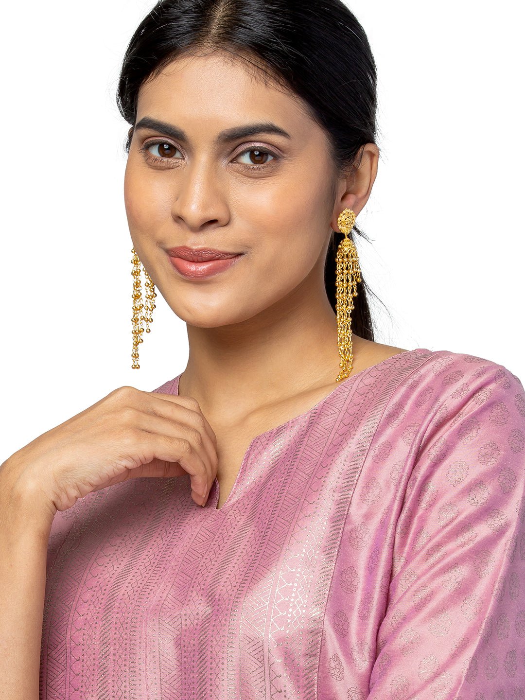 Shining Jewel Traditional Indian Gold Plated Jhumka Long Tassel Earrings for Women (SJE_15)