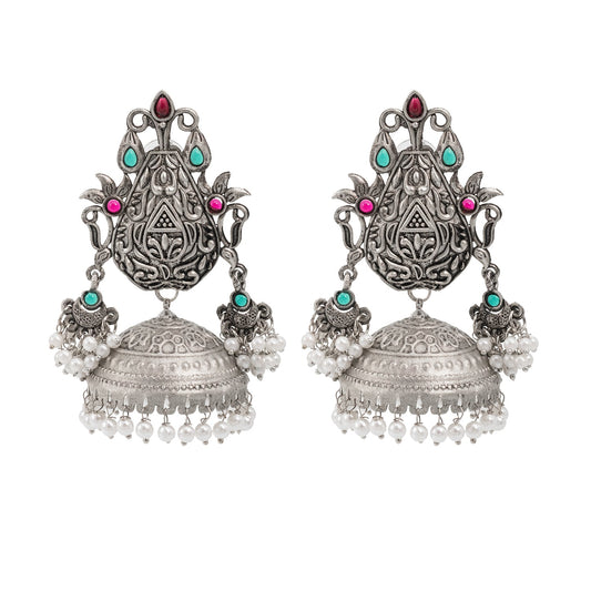 Traditional Indian Matte Silver Oxidised CZ Crystal Studded Large Sized Jhumka Earring For Women-Silver Maroon Green (SJE_170_S_M_G)