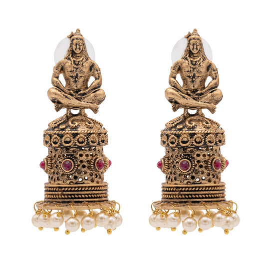 Traditional Indian Matte Silver Oxidised CZ Crystal Studded Temple Jhumka Earring For Women-Gold Maroon (SJE_172_G_M)