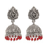 Traditional Indian Matte Silver Oxidised CZ Crystal Studded Temple Jhumka Earring For Women-Silver Maroon (SJE_174_S_M)