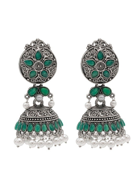 Traditional Indian Matte Silver Oxidised CZ Crystal Studded Jhumka Earring For Women-Silver Green (SJE_181_S_G)