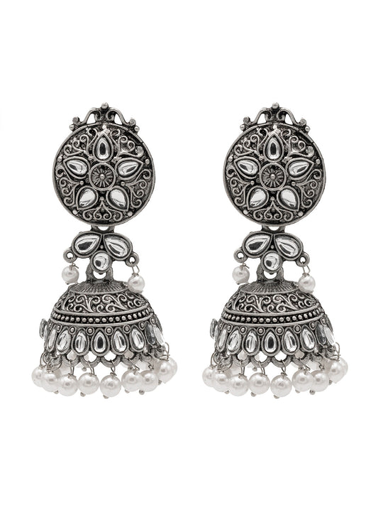 Traditional Indian Matte Silver Oxidised CZ Crystal Studded Jhumka Earring For Women-Silver White (SJE_181_S_W)