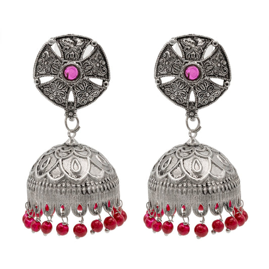 Traditional Indian Matte Silver Oxidised CZ Crystal Studded Jhumka Earring For Women-Maroon (SJE_184_M)