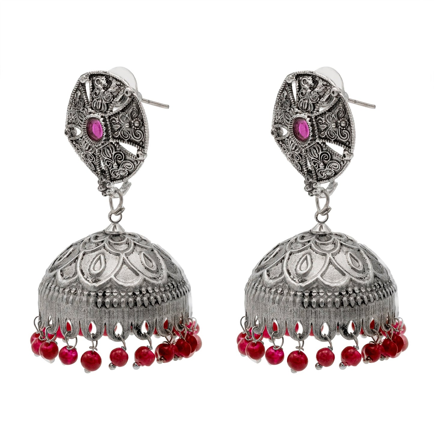 Traditional Indian Matte Silver Oxidised CZ Crystal Studded Jhumka Earring For Women-Maroon (SJE_184_M)