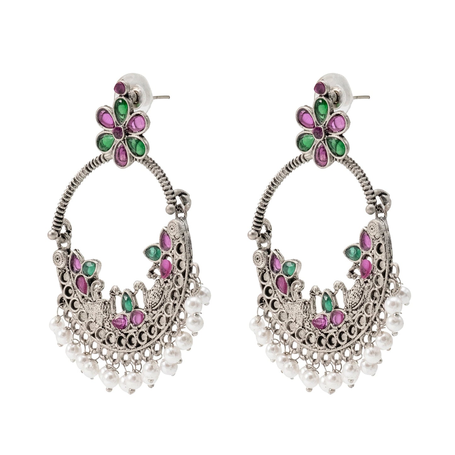 Traditional Indian Matte Silver Oxidised CZ Crystal Studded Peacock Chand Bali Earring For Women-Silver Ruby Green (SJE_192_S_R_G)