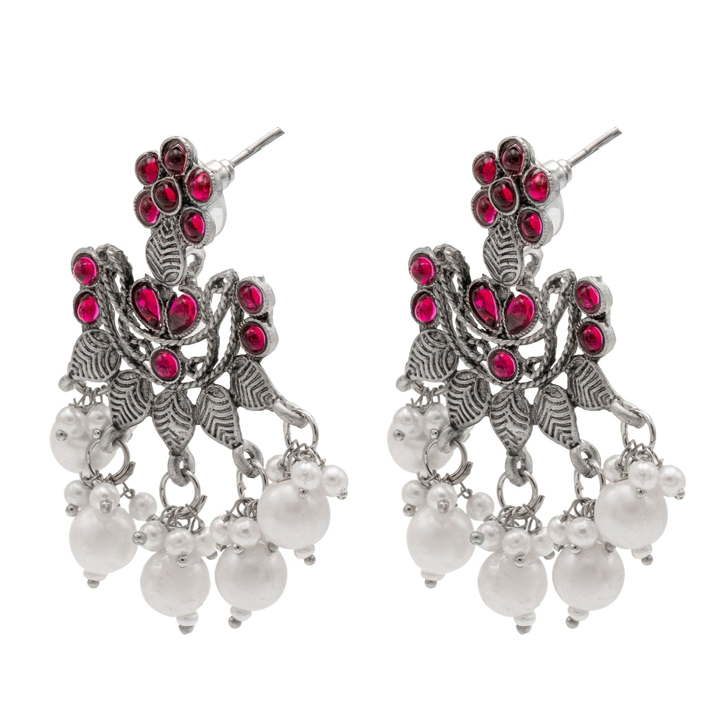 Traditional Indian Matte Silver Oxidised CZ Crystal Studded Chand Bali Earring For Women-Silver Maroon (SJE_193_S_M)