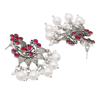 Traditional Indian Matte Silver Oxidised CZ Crystal Studded Chand Bali Earring For Women-Silver Maroon (SJE_193_S_M)