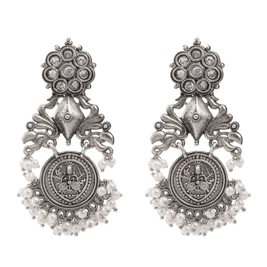 Traditional Indian Matte Silver Oxidised CZ Crystal Studded Drop Earring For Women-Silver White (SJE_194_S_W)