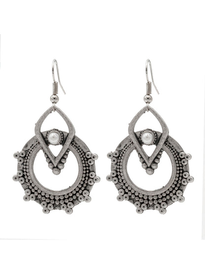 Traditional Indian Matte Silver Oxidised CZ Crystal Studded Drop Earring For Women - Silver (SJE_199_S)