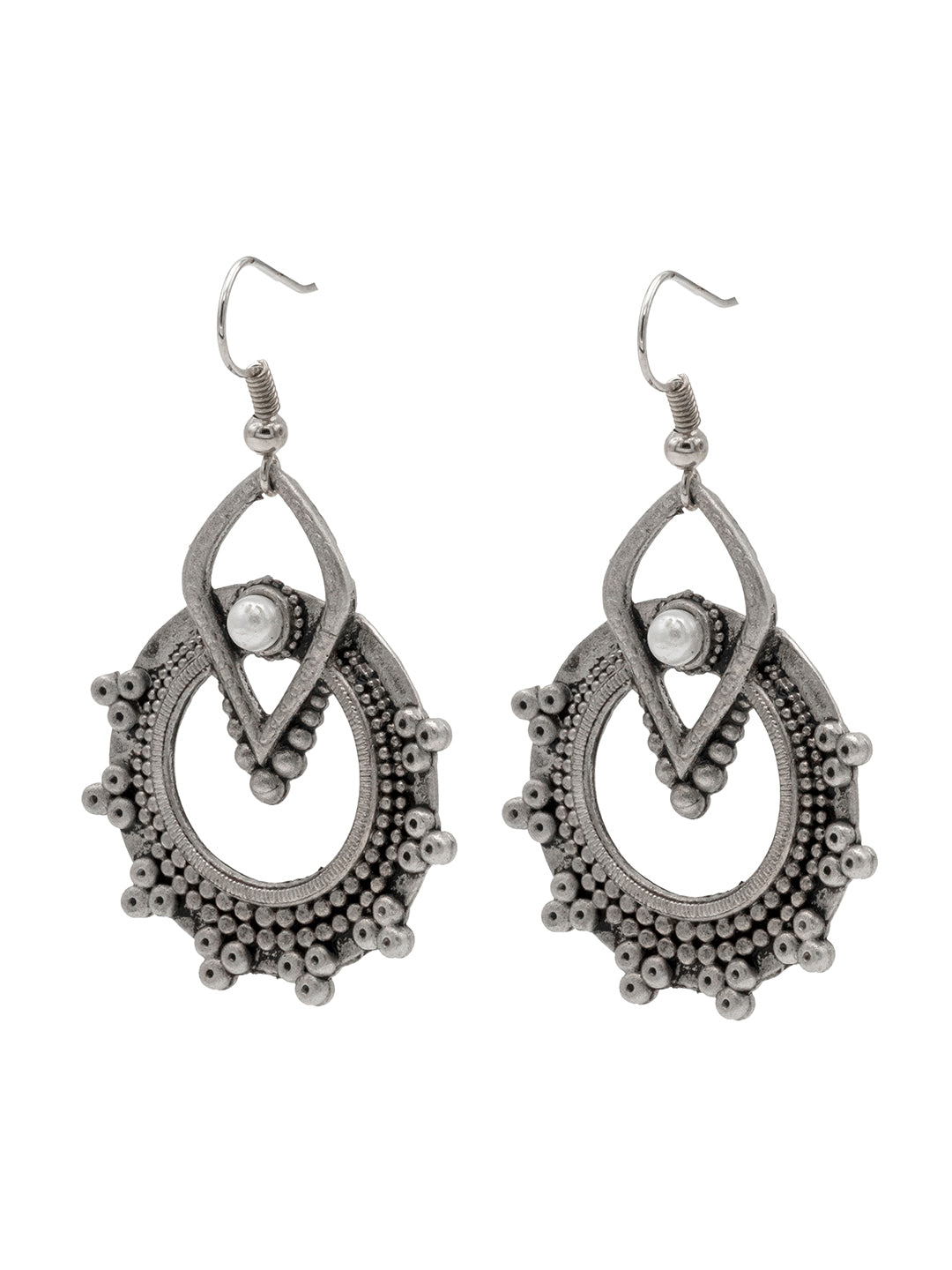 Traditional Indian Matte Silver Oxidised CZ Crystal Studded Drop Earring For Women - Silver (SJE_199_S)