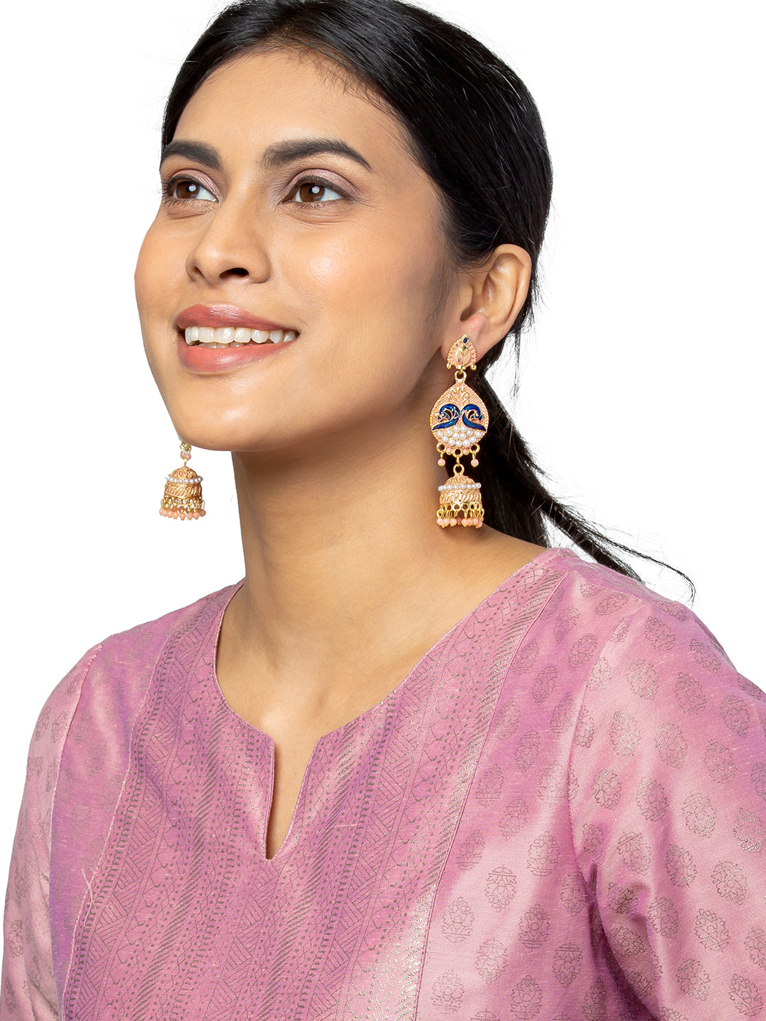 Shining Jewel Gold Plated Traditional Meenakari Peacock Jhumka With CZ, LCT Crystals,Kundan & Pearls Earrings for Women (SJE_19_LP)