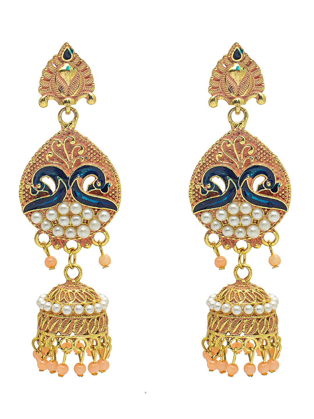 Shining Jewel Gold Plated Traditional Meenakari Peacock Jhumka With CZ, LCT Crystals,Kundan & Pearls Earrings for Women (SJE_19_LP)