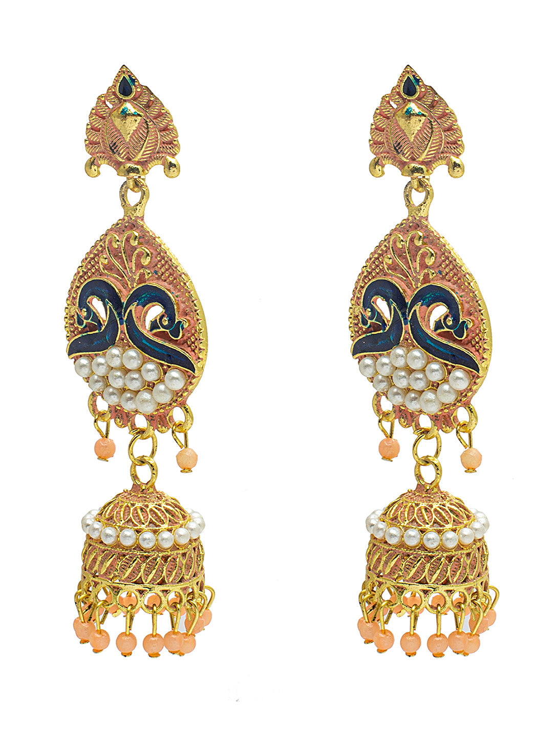Shining Jewel Gold Plated Traditional Meenakari Peacock Jhumka With CZ, LCT Crystals,Kundan & Pearls Earrings for Women (SJE_19_LP)