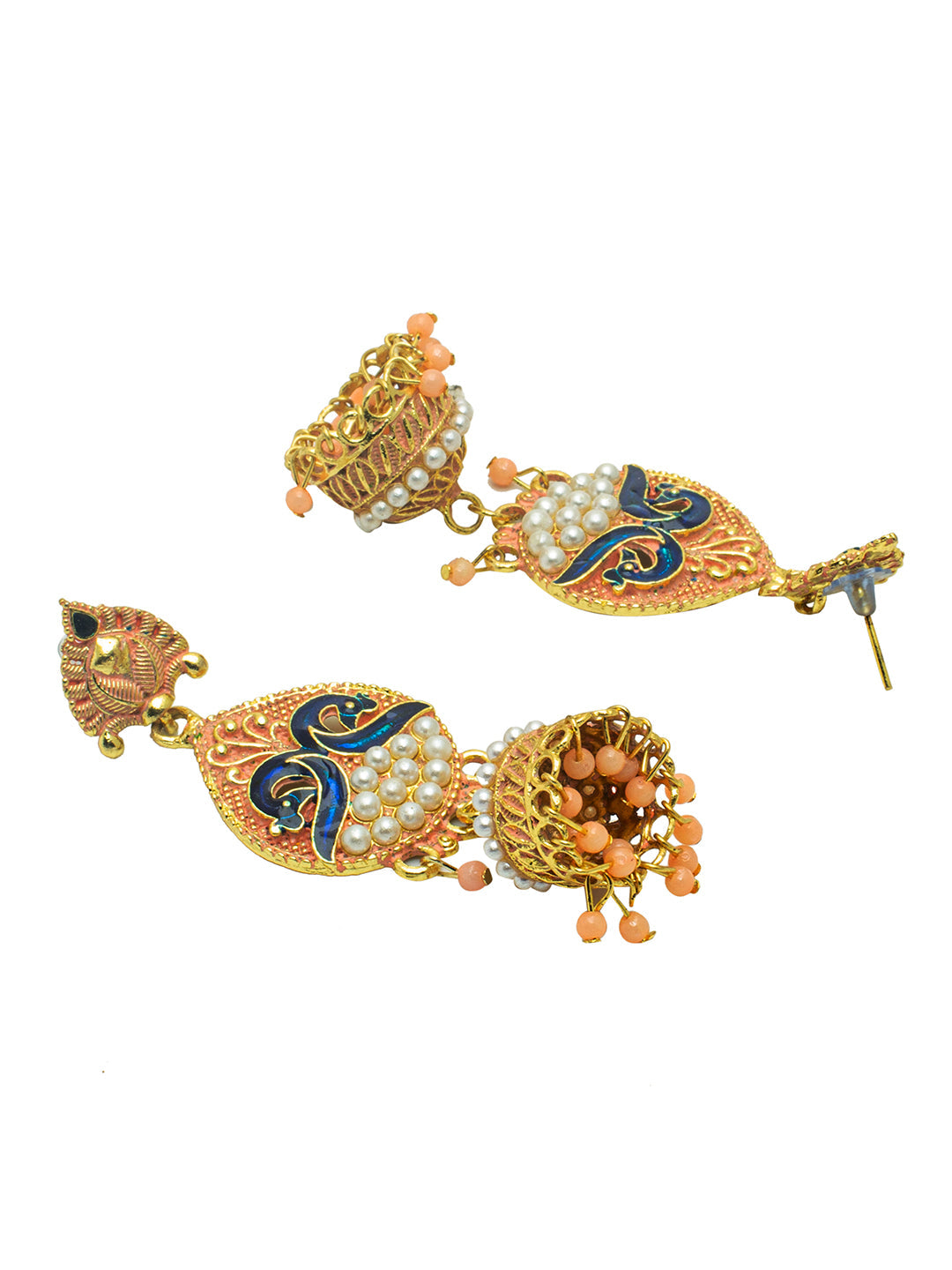 Shining Jewel Gold Plated Traditional Meenakari Peacock Jhumka With CZ, LCT Crystals,Kundan & Pearls Earrings for Women (SJE_19_LP)