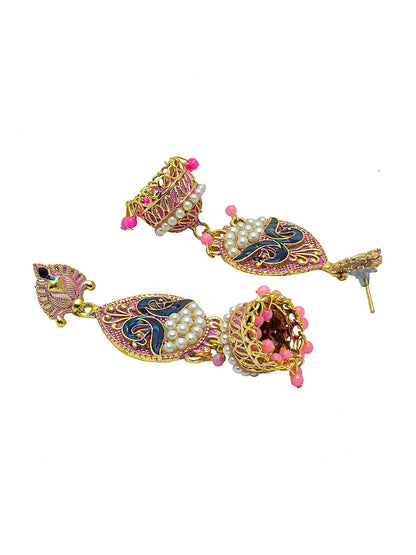 Shining Jewel Gold Plated Traditional Meenakari Peacock Jhumka With CZ, LCT Crystals,Kundan & Pearls Earrings for Women (SJE_19_P)