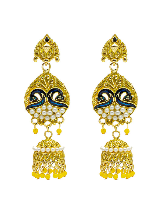 Shining Jewel Gold Plated Traditional Meenakari Peacock Jhumka With CZ, LCT Crystals,Kundan & Pearls Earrings for Women (SJE_19_Y)