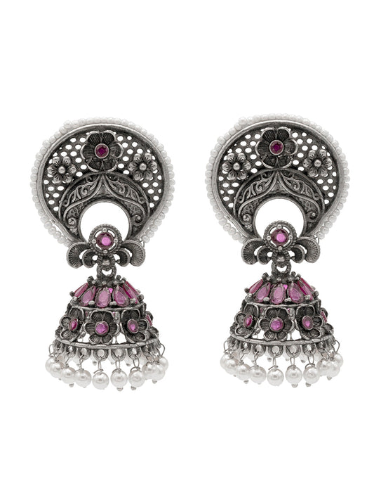 Traditional Indian Matte Silver Oxidised CZ Crystal Studded Chand Bali Jhumka Earring For Women-Silver Maroon (SJE_201_S_M)