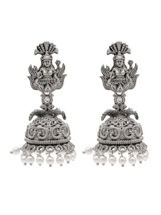 Traditional Indian Matte Silver Oxidised CZ Crystal Studded Temple Jhumka Earring For Women-Silver White (SJE_205_S_W)