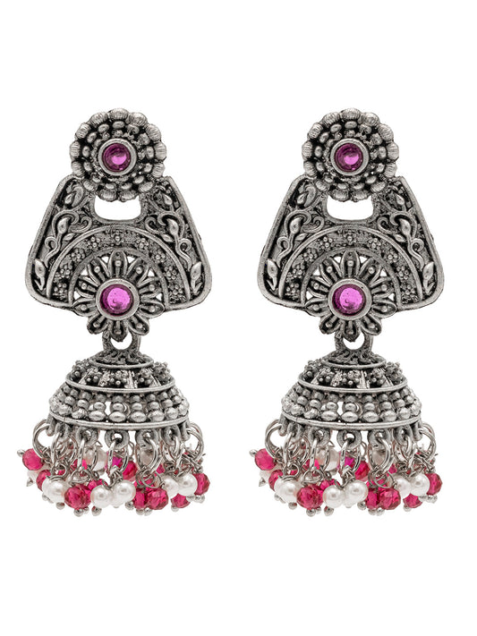 Traditional Indian Matte Silver Oxidised CZ Crystal Studded Jhumka Earring For Women (SJE_207_S_M)