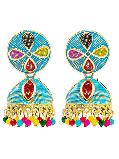 Shining Jewel Gold Plated Traditional Meenakari Jhumka With CZ, LCT Crystals,& Pearls Earrings for Women (SJE_20_BL)