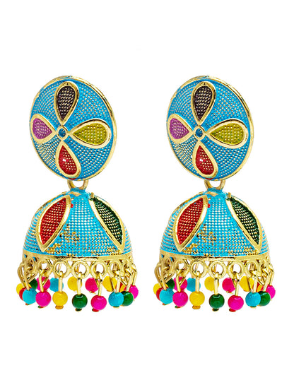 Shining Jewel Gold Plated Traditional Meenakari Jhumka With CZ, LCT Crystals,& Pearls Earrings for Women (SJE_20_BL)