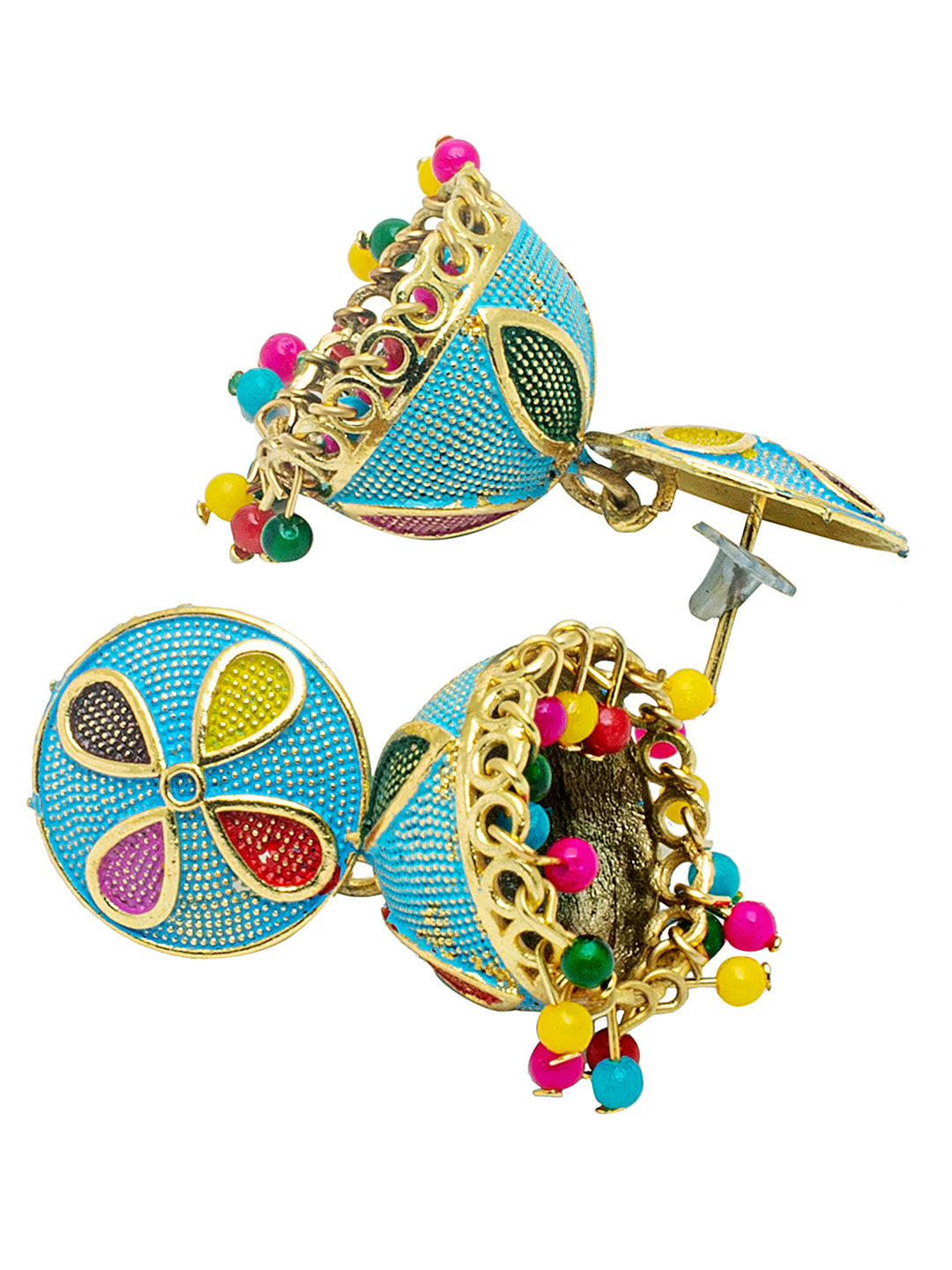 Shining Jewel Gold Plated Traditional Meenakari Jhumka With CZ, LCT Crystals,& Pearls Earrings for Women (SJE_20_BL)