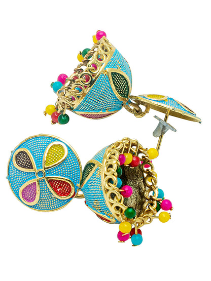 Shining Jewel Gold Plated Traditional Meenakari Jhumka With CZ, LCT Crystals,& Pearls Earrings for Women (SJE_20_BL)