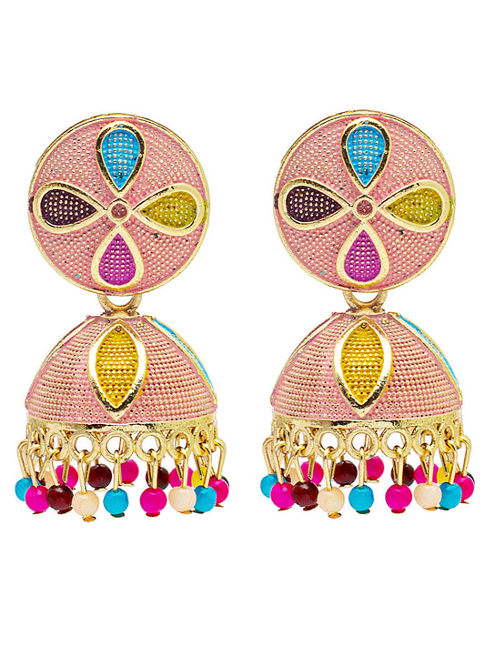 Shining Jewel Gold Plated Traditional Meenakari Jhumka With CZ, LCT Crystals,& Pearls Earrings for Women (SJE_20_LP)