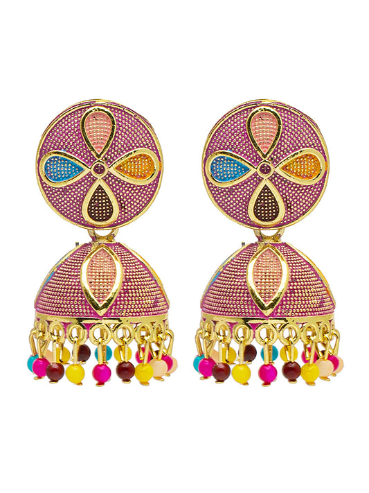 Shining Jewel Gold Plated Traditional Meenakari Jhumka With CZ, LCT Crystals,& Pearls Earrings for Women (SJE_20_P)