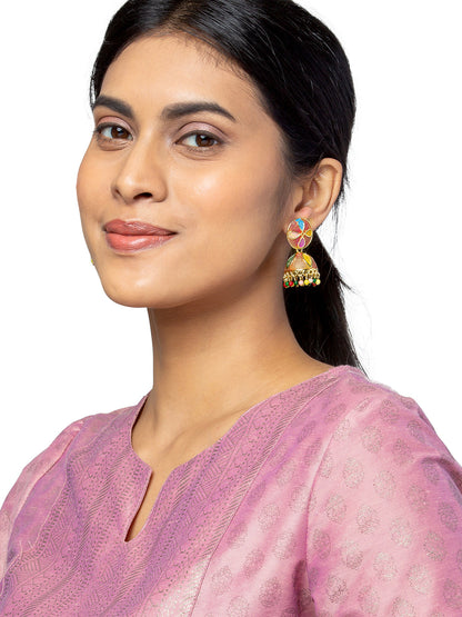 Shining Jewel Gold Plated Traditional Meenakari Jhumka With CZ, LCT Crystals,& Pearls Earrings for Women (SJE_20_R)
