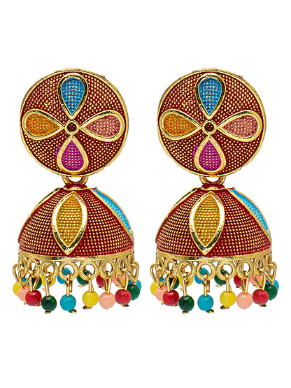 Shining Jewel Gold Plated Traditional Meenakari Jhumka With CZ, LCT Crystals,& Pearls Earrings for Women (SJE_20_R)
