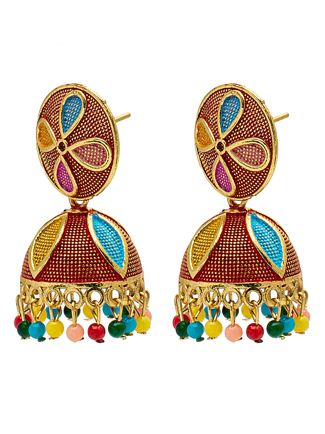 Shining Jewel Gold Plated Traditional Meenakari Jhumka With CZ, LCT Crystals,& Pearls Earrings for Women (SJE_20_R)