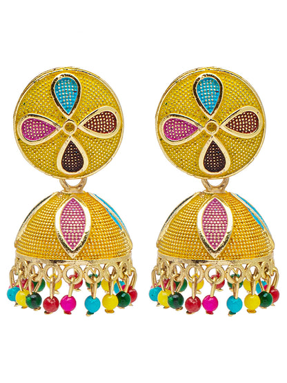 Shining Jewel Gold Plated Traditional Meenakari Jhumka With CZ, LCT Crystals,& Pearls Earrings for Women (SJE_20_Y)