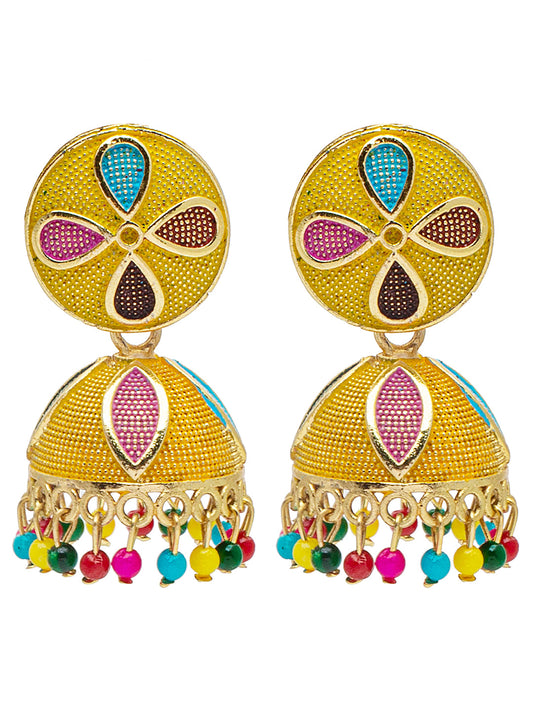 Shining Jewel Gold Plated Traditional Meenakari Jhumka With CZ, LCT Crystals,& Pearls Earrings for Women (SJE_20_Y)