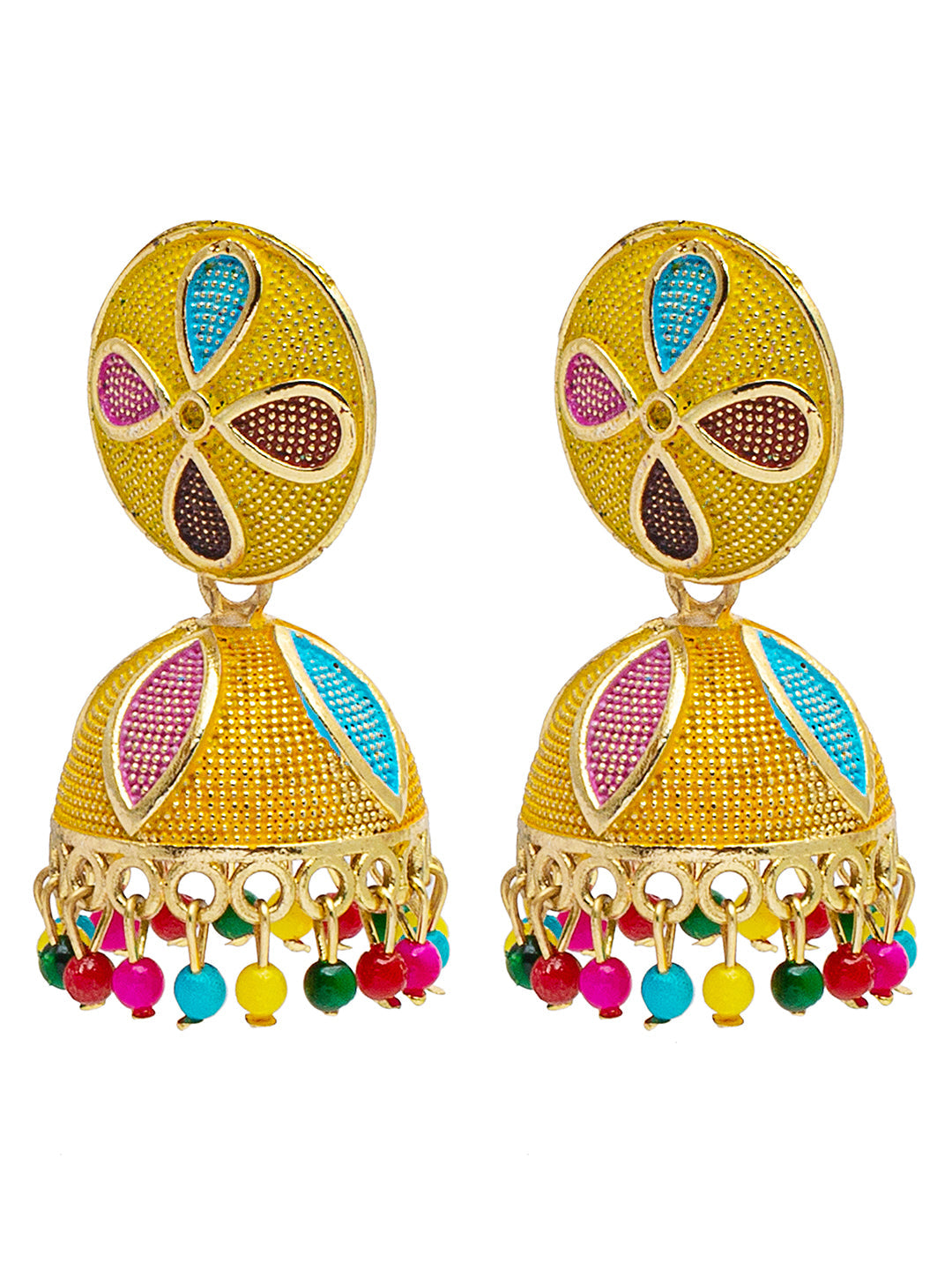 Shining Jewel Gold Plated Traditional Meenakari Jhumka With CZ, LCT Crystals,& Pearls Earrings for Women (SJE_20_Y)