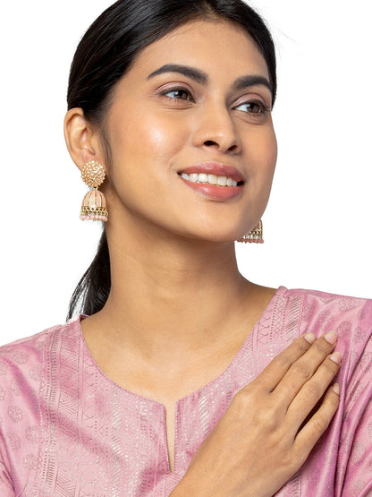 Shining Jewel Traditional Indian Antique Gold Plated Meenakari Jhumka With AD, CZ, LCT Crystals,& Pearls Earrings for Women (SJE_23_LP)