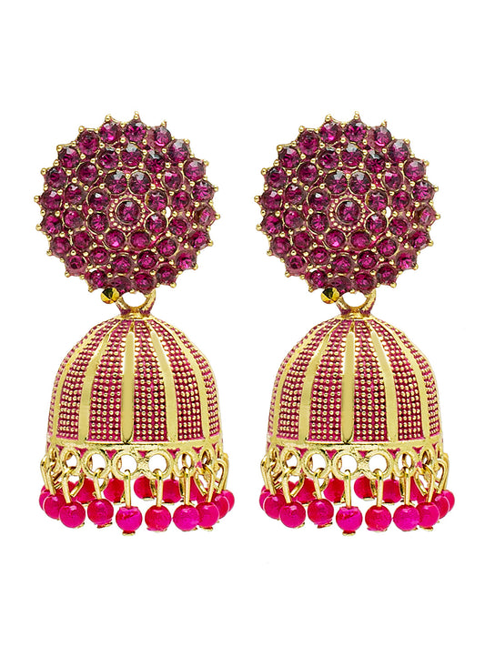 Shining Jewel Traditional Indian Antique Gold Plated Meenakari Jhumka With AD, CZ, LCT Crystals,& Pearls Earrings for Women (SJE_23_P)